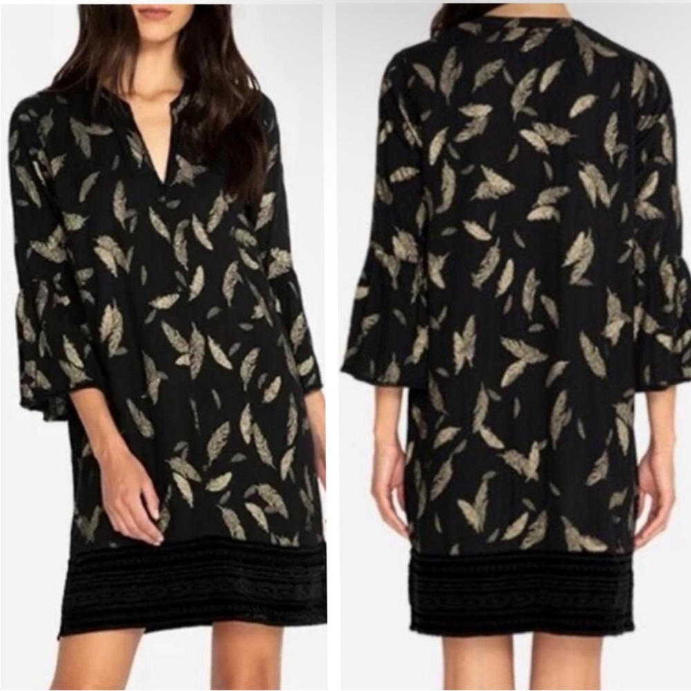 Johnny Was Workshop Black Dress with Metallic Gold Feathers